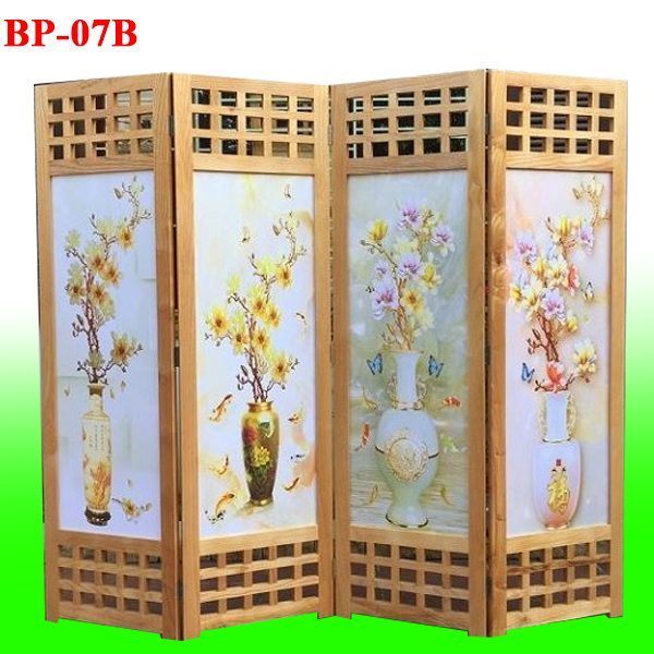 bức bình phong gỗ tranh vải lụa tứ bình BP07