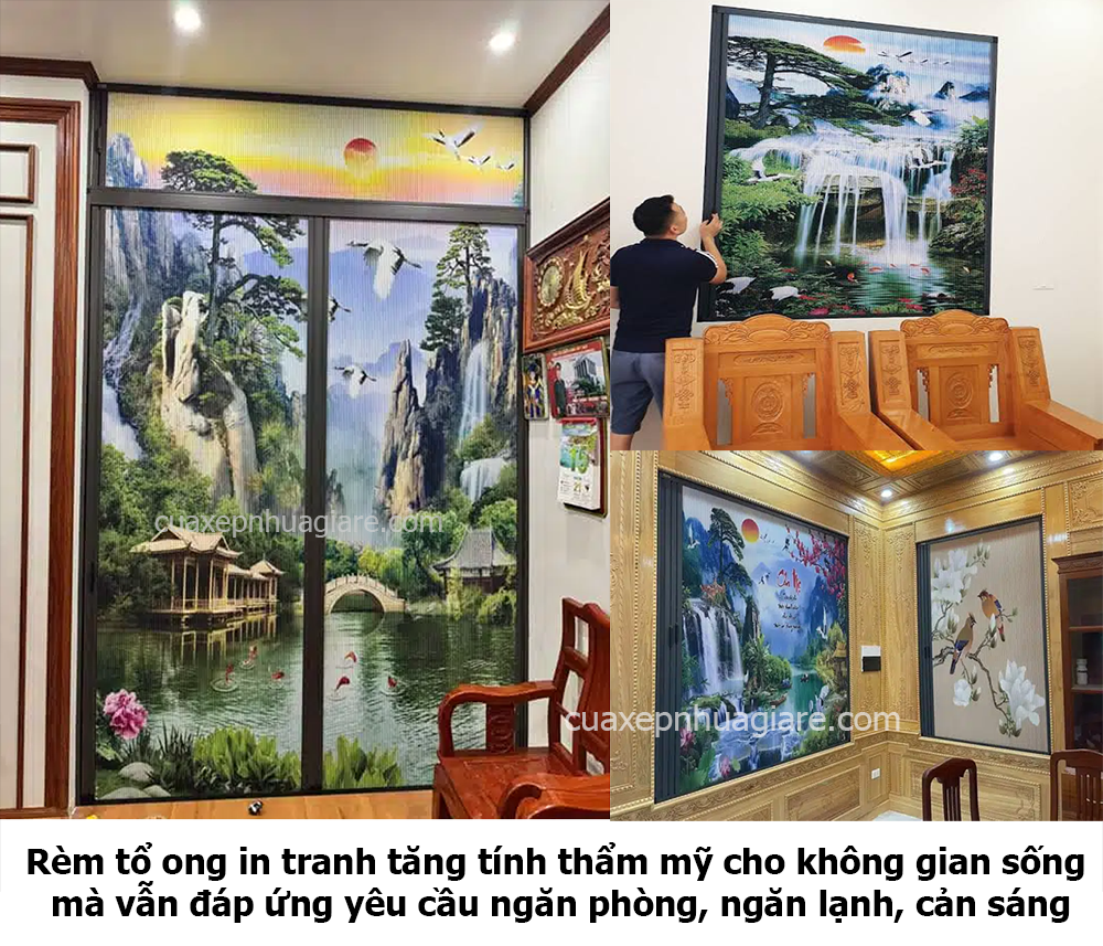 vách ngăn rèm tổ ong in tranh theo yêu cầu